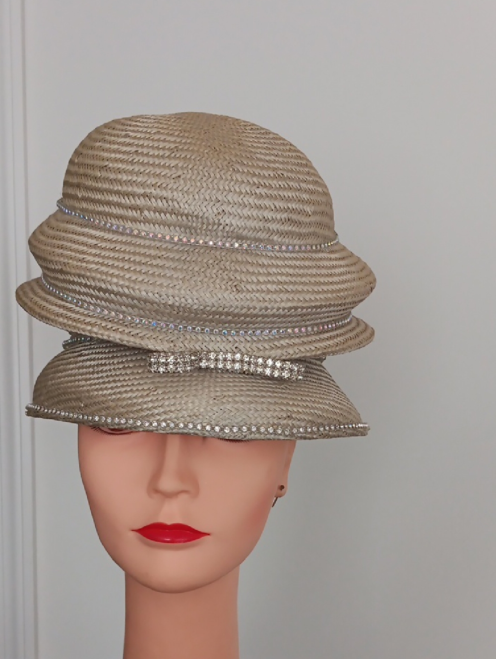 Beige Straw Cloche Hat with Rhinestone Trim